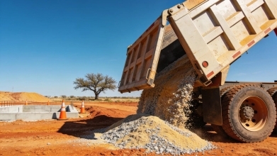 Dump truck unloading aggregate materials at a construction site in South Texas, illustrating reliable delivery services