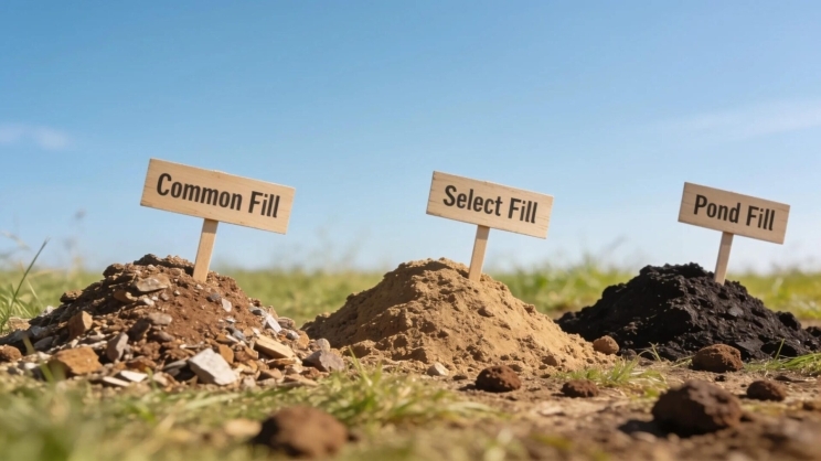 Diverse types of fill dirt displayed in piles on a construction site