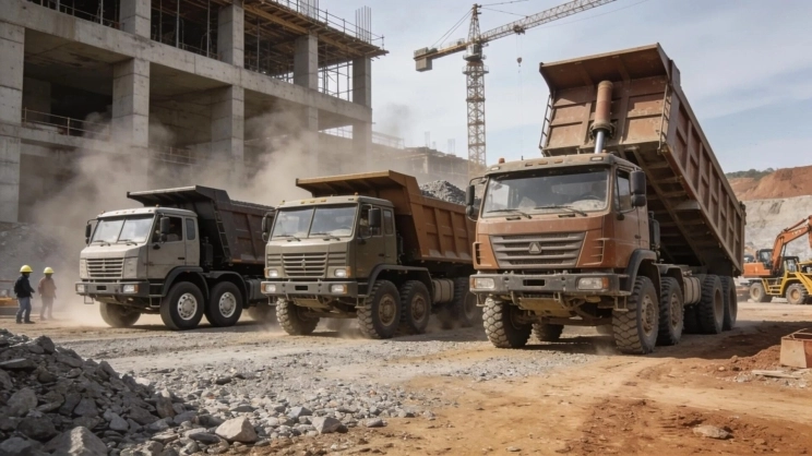 Different dump truck sizes parked at a construction site ready for fill dirt delivery