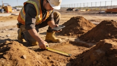 Construction worker measuring area for fill dirt with tape measure and calculator on site