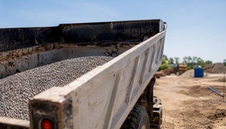 Dump truck bed loaded with moist sand