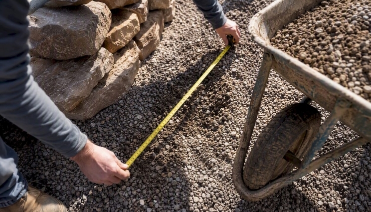 Hands measuring gravel coverage on site