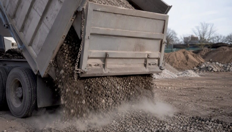 Dump truck tailgate open with chain controlling gravel flow