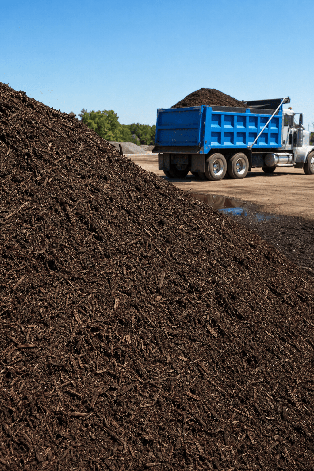 A photorealistic image of a pile of dark brown hardwood mulch in a landscape supply yard in Texas, with a dump truck partially visible in the background. Natural lighting, no people. Alt: Bulk hardwood mulch pile at landscape supply yard in San Antonio Texas.