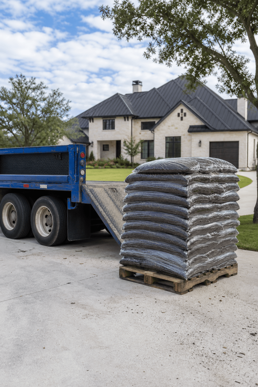 A photorealistic image of a residential driveway in San Antonio with a pallet of bagged mulch being delivered by a flatbed truck. Natural lighting, no people. Alt: Pallet of bagged mulch delivered to driveway in San Antonio.