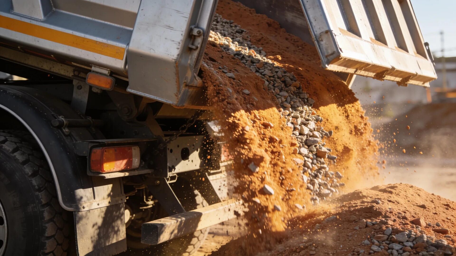 Dump truck unloading aggregate materials, emphasizing efficient construction logistics