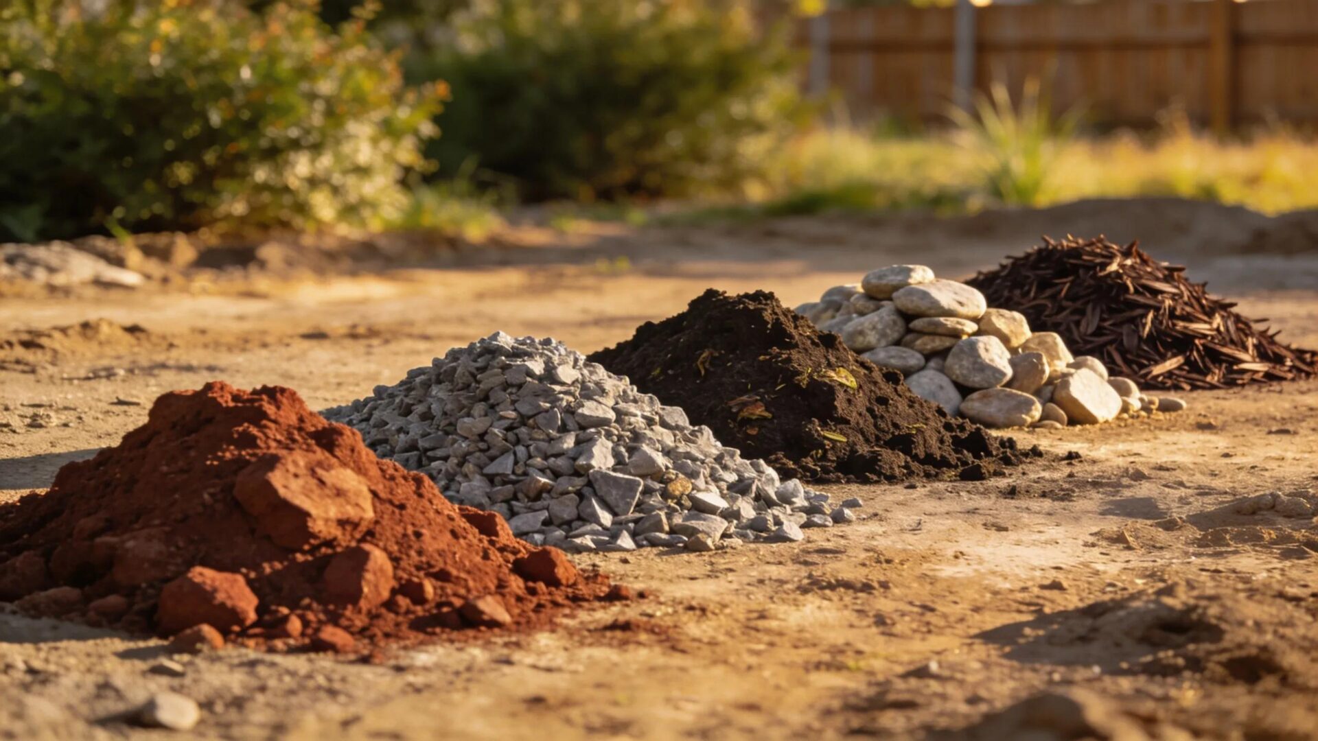 Different landscaping materials available for delivery including fill dirt, gravel, and mulch
