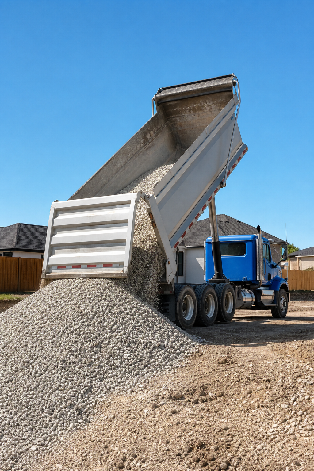 Dump truck unloading gravel at a construction site