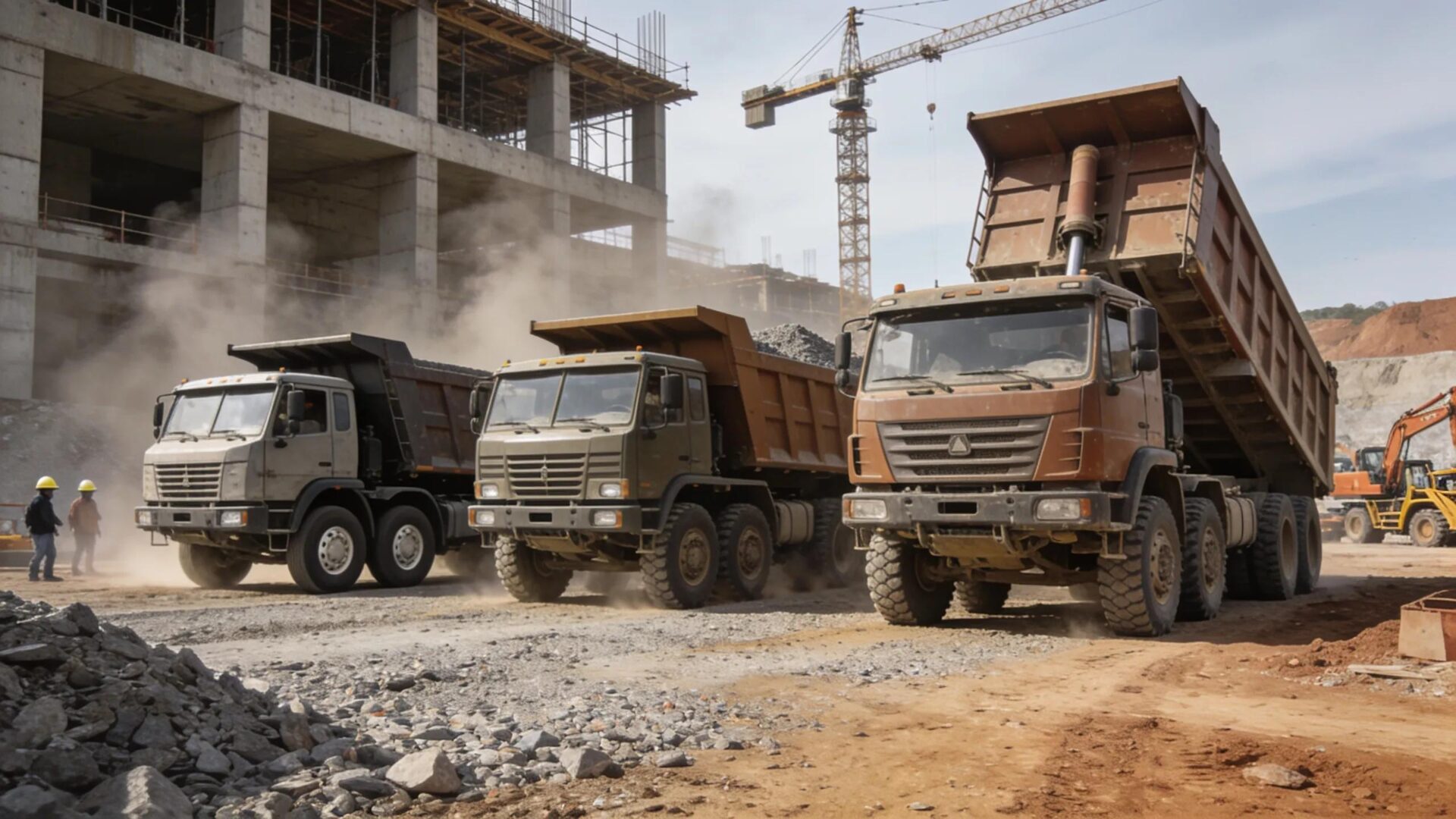 Different dump truck sizes parked at a construction site ready for fill dirt delivery
