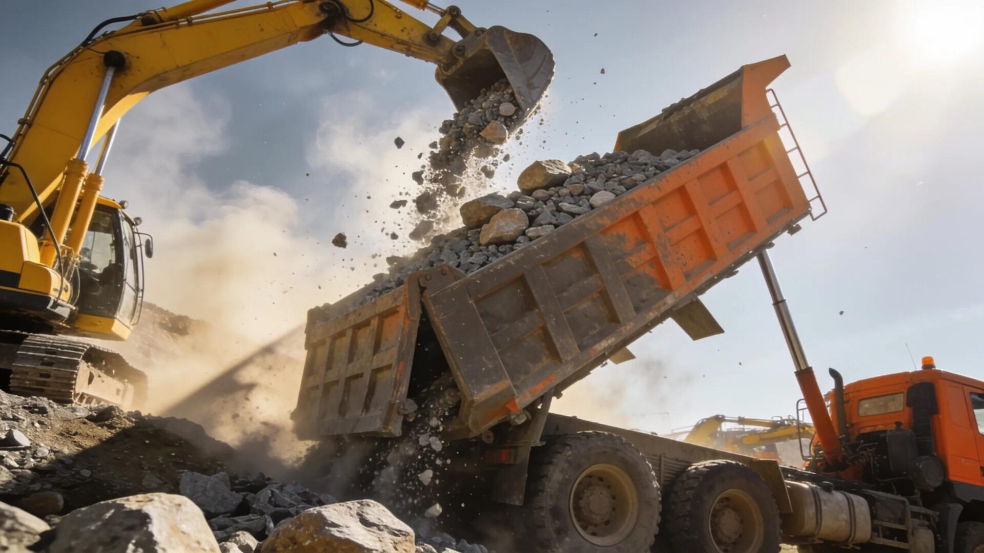 Action shot of dump truck unloading landscape materials at a construction site