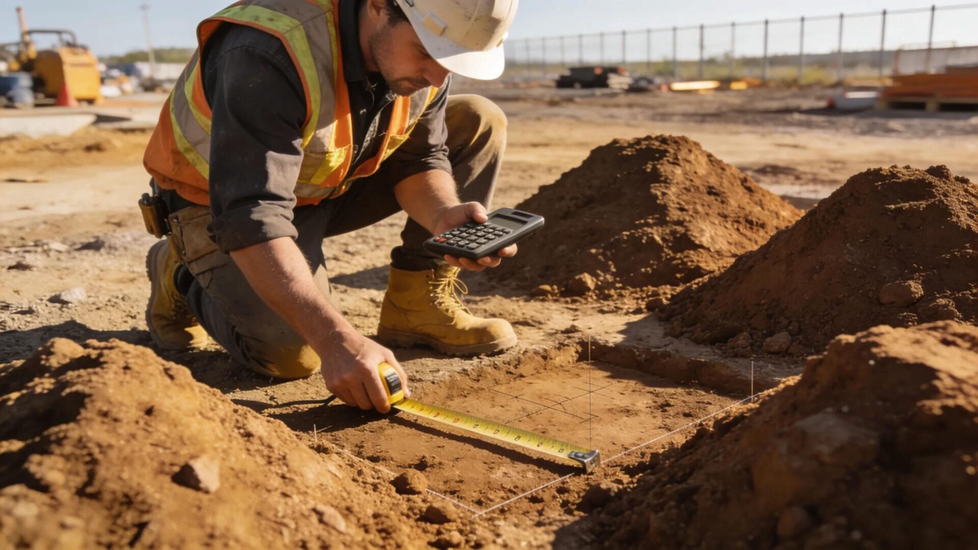 Construction worker measuring area for fill dirt with tape measure and calculator on site