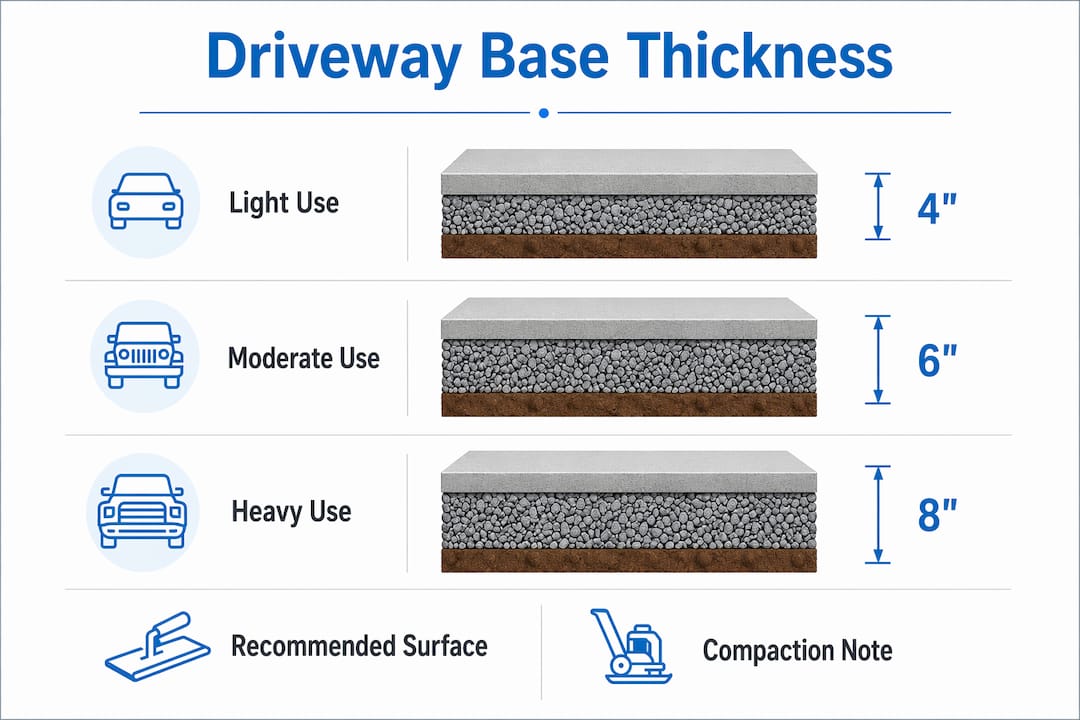Infographic showing recommended road base thickness steps