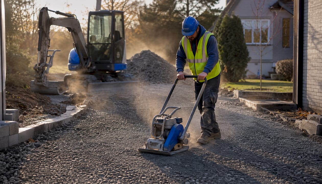 Worker compacting road base at driveway site