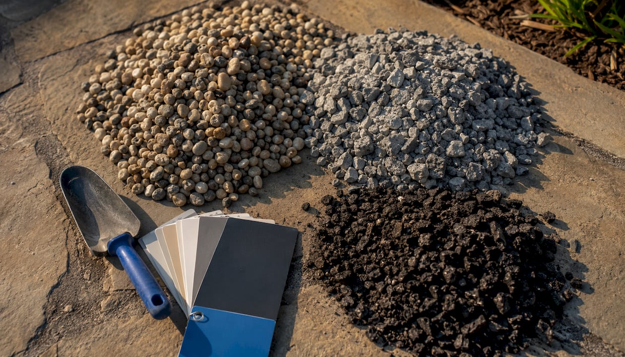 Close-up of different driveway base materials samples