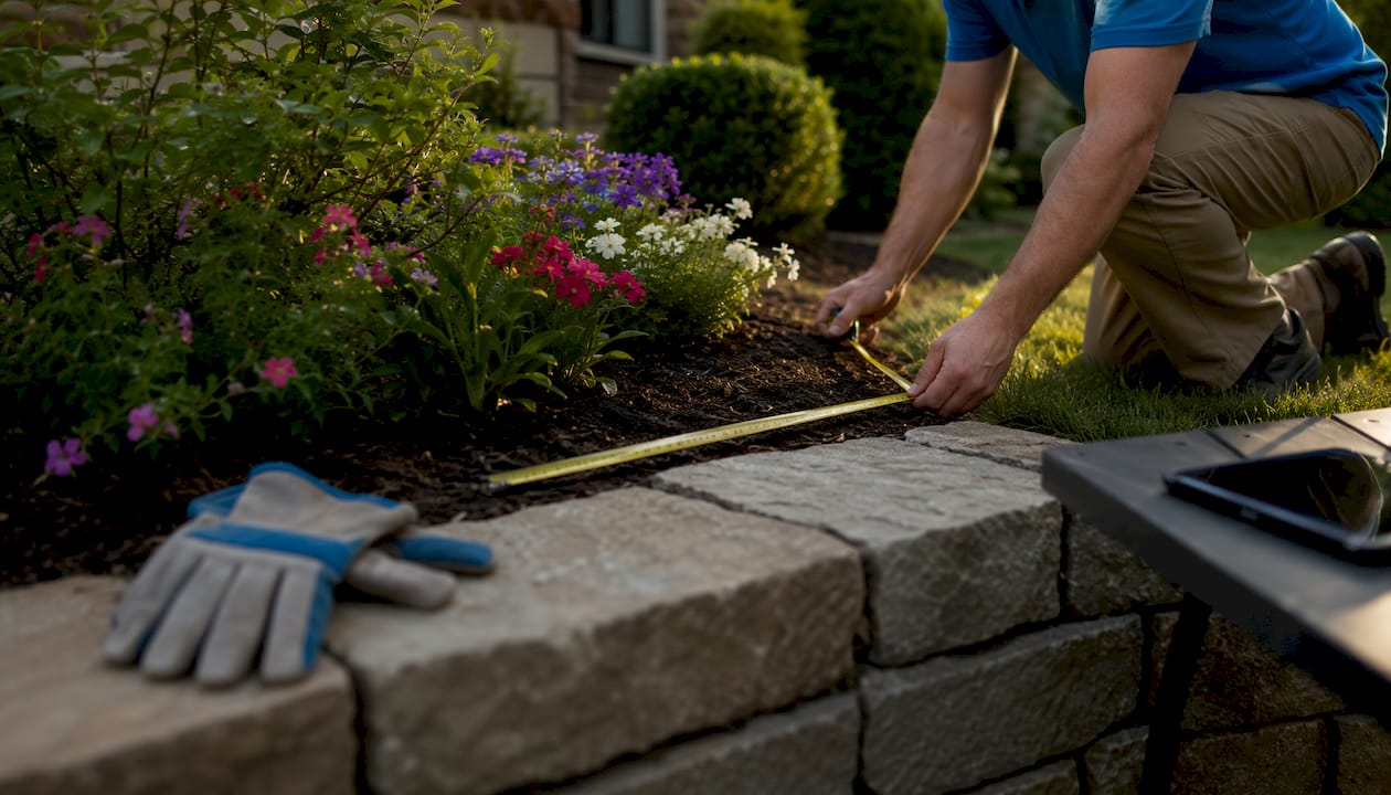 Homeowner measuring garden bed for mulch