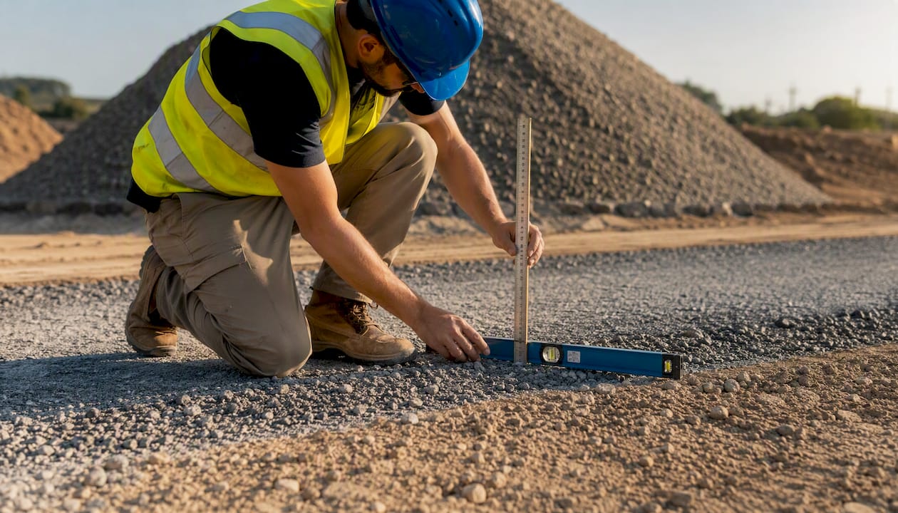 Hands measuring gravel depth on site
