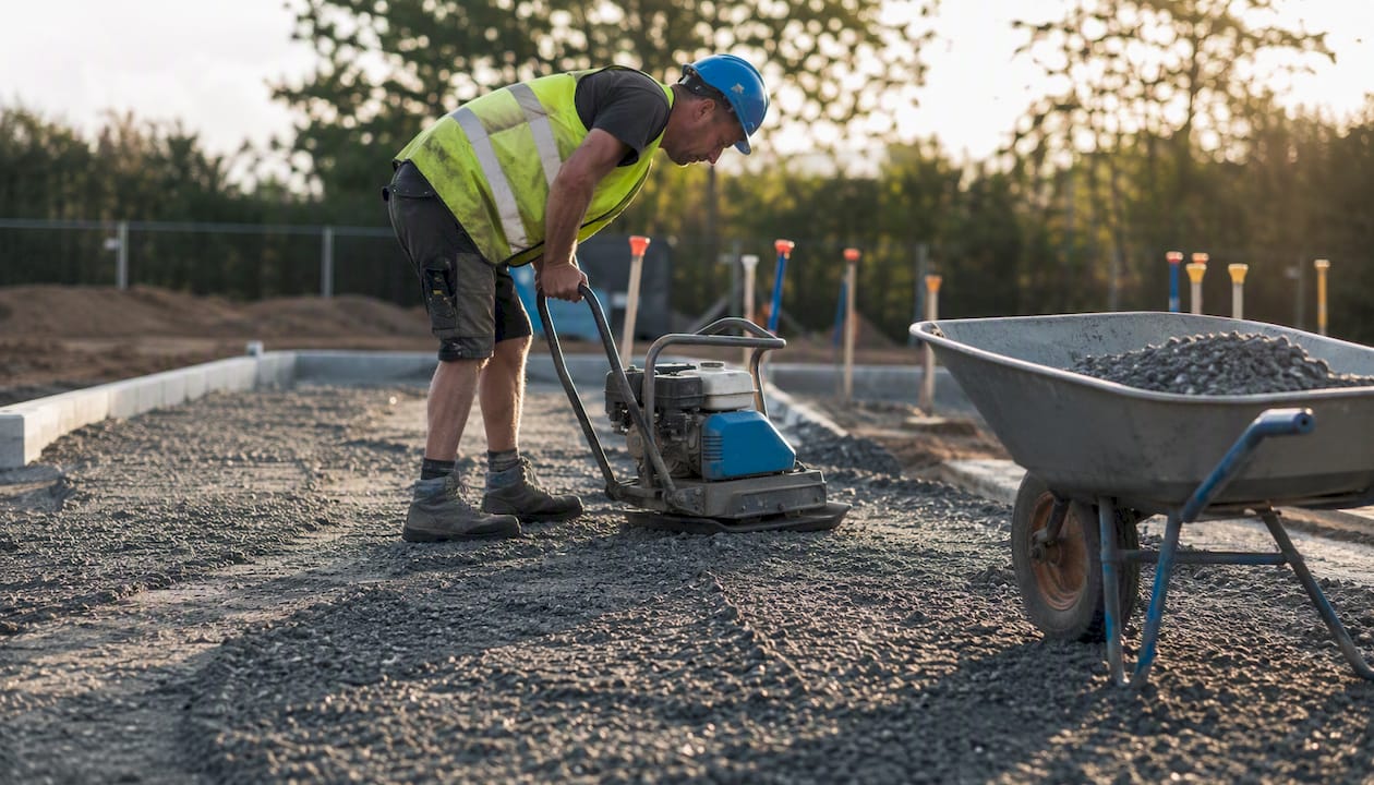 Worker compacting gravel base on parking lot