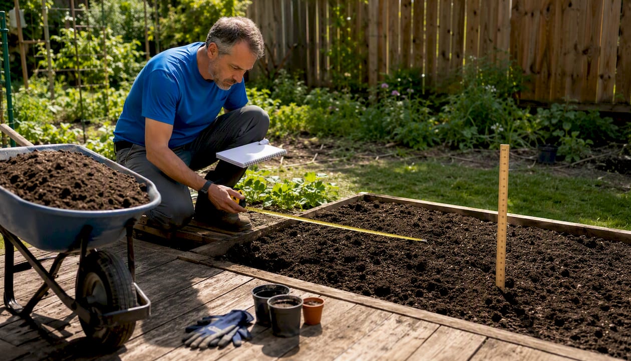 Person measuring garden bed for topsoil volume