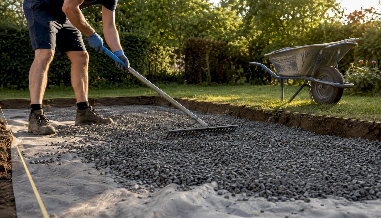 Hands leveling gravel on shed base