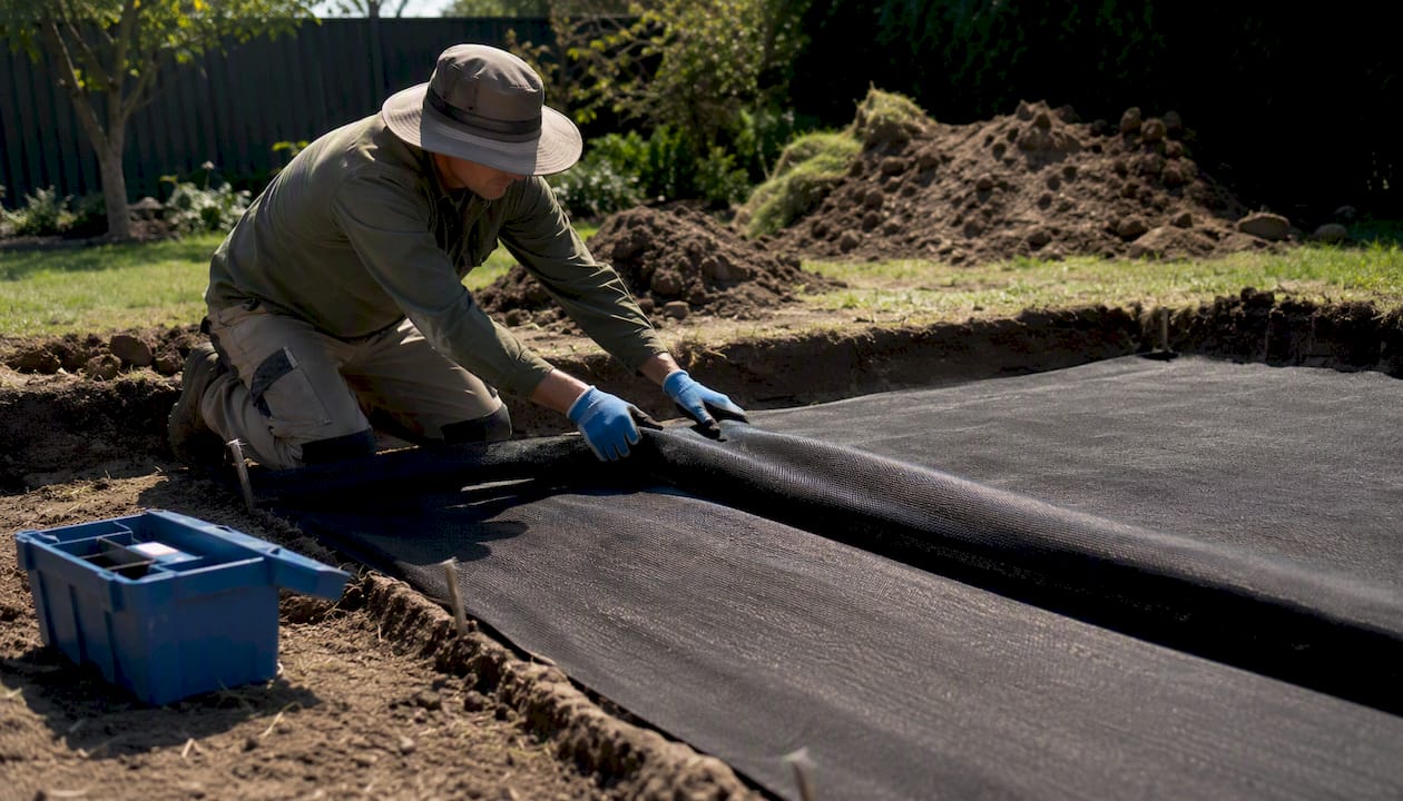 Installing fabric and edging on shed base