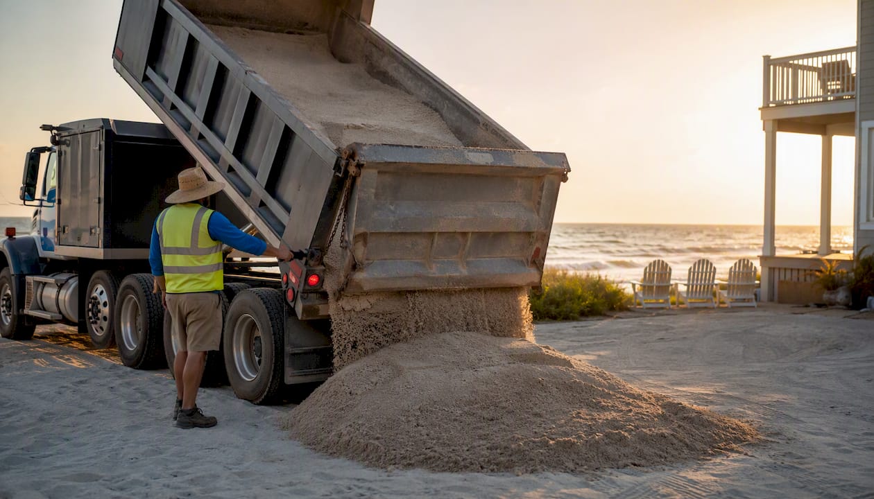 Dump truck unloading sand at home driveway