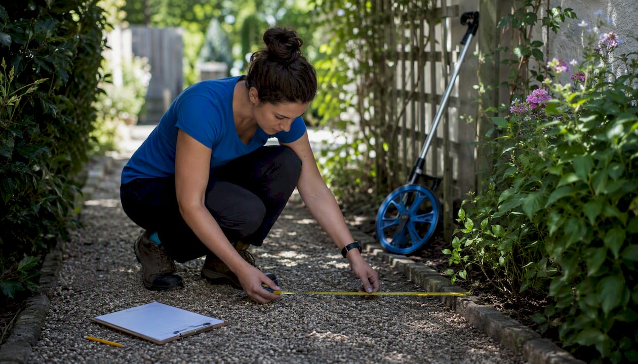 Woman measuring backyard sand area