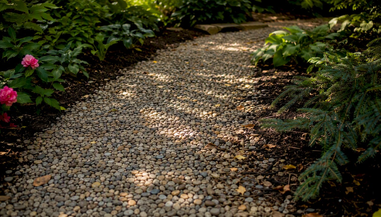 Pea gravel in landscaped garden pathway