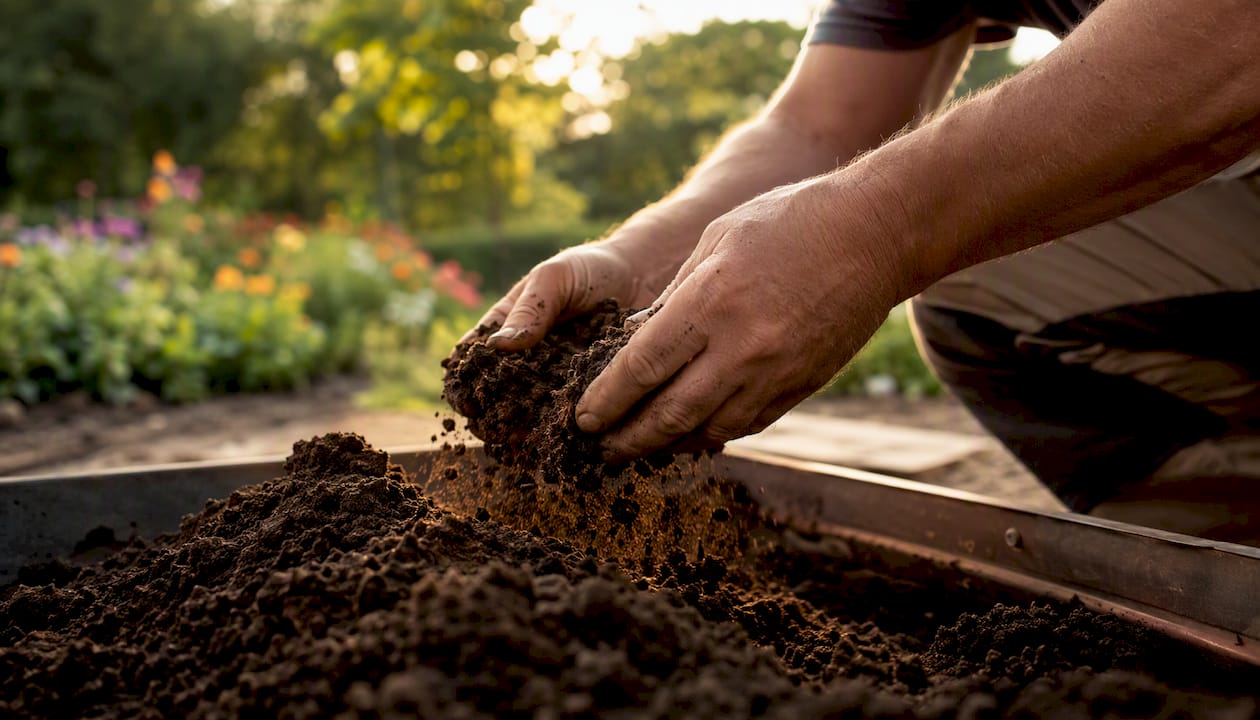 Hands sifting unscreened topsoil to remove rocks