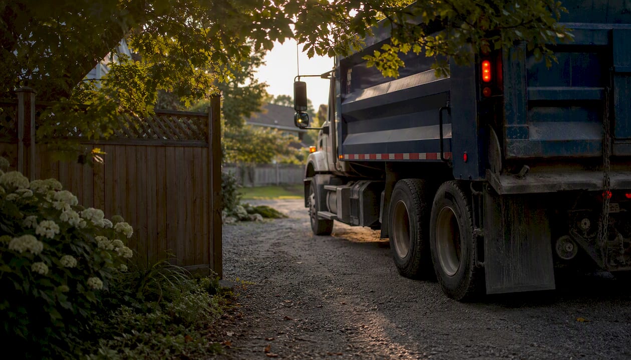 Dump truck navigating narrow driveway for delivery
