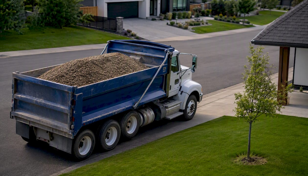 Dump truck driving delivery route on suburban road