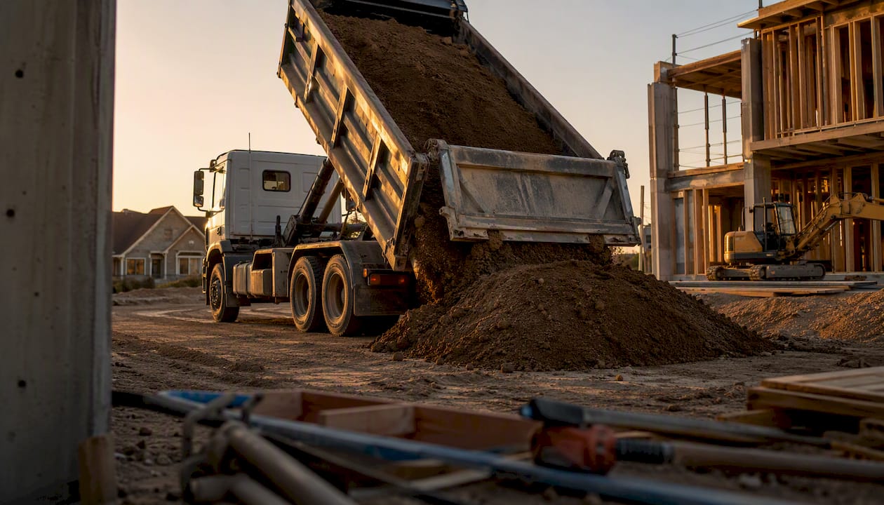 Dump truck unloading fill dirt on construction site