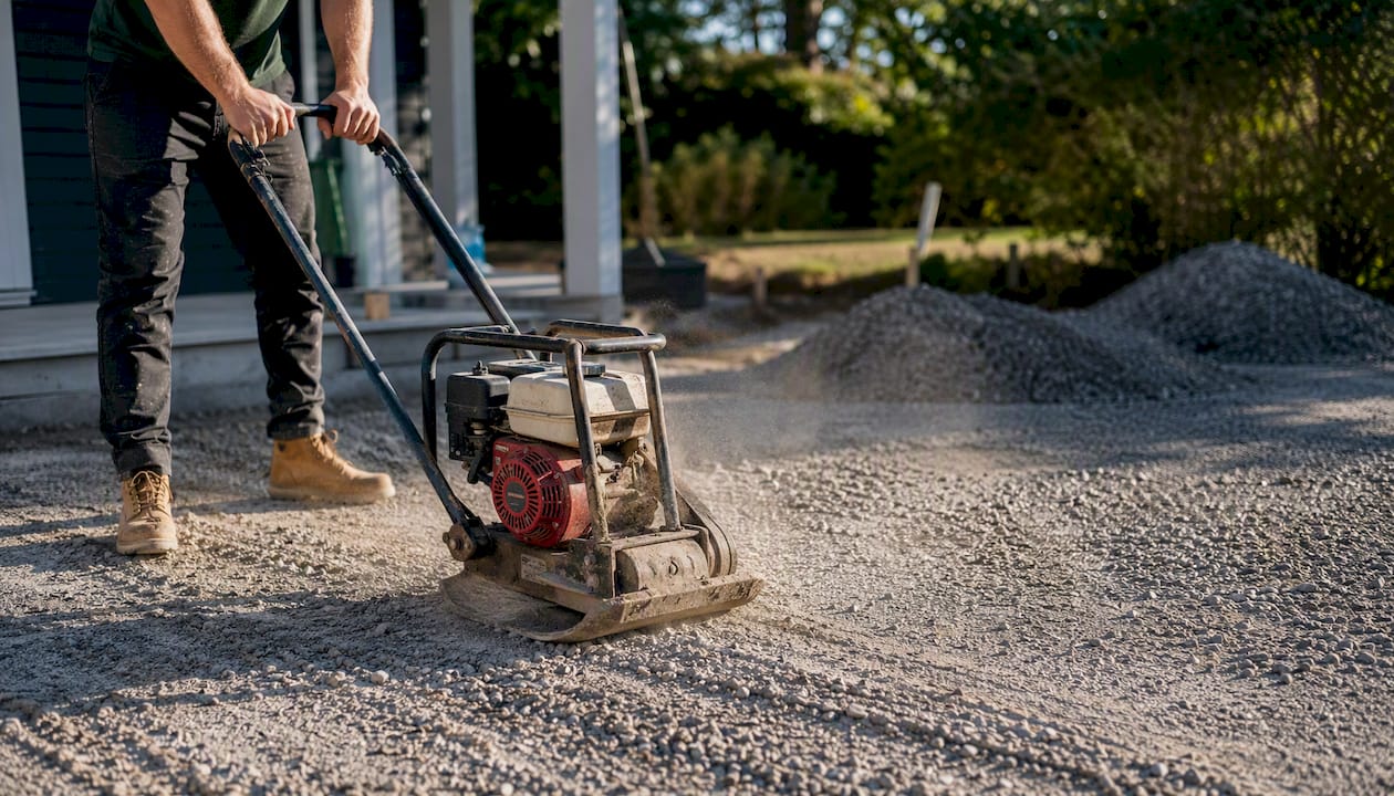 Worker compacting gravel driveway base with plate compactor