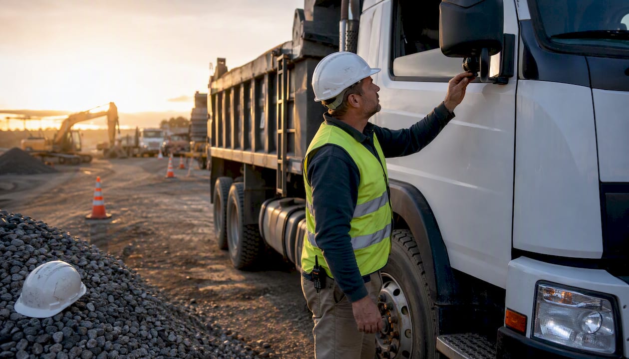 Site manager inspecting dump truck insurance details