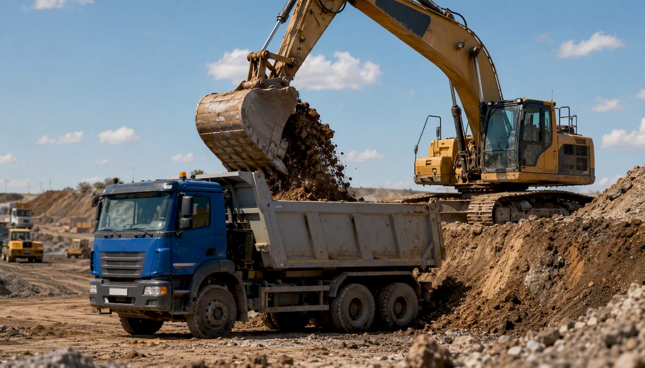 Dump truck loading loose aggregate at construction site