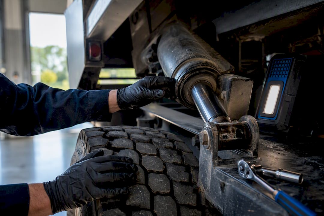 Technician inspecting dump truck hydraulics