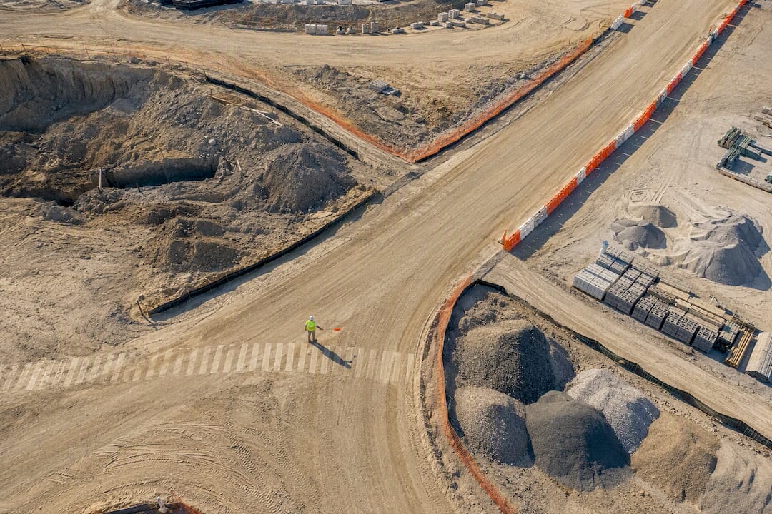 Aerial view of organized construction haul routes