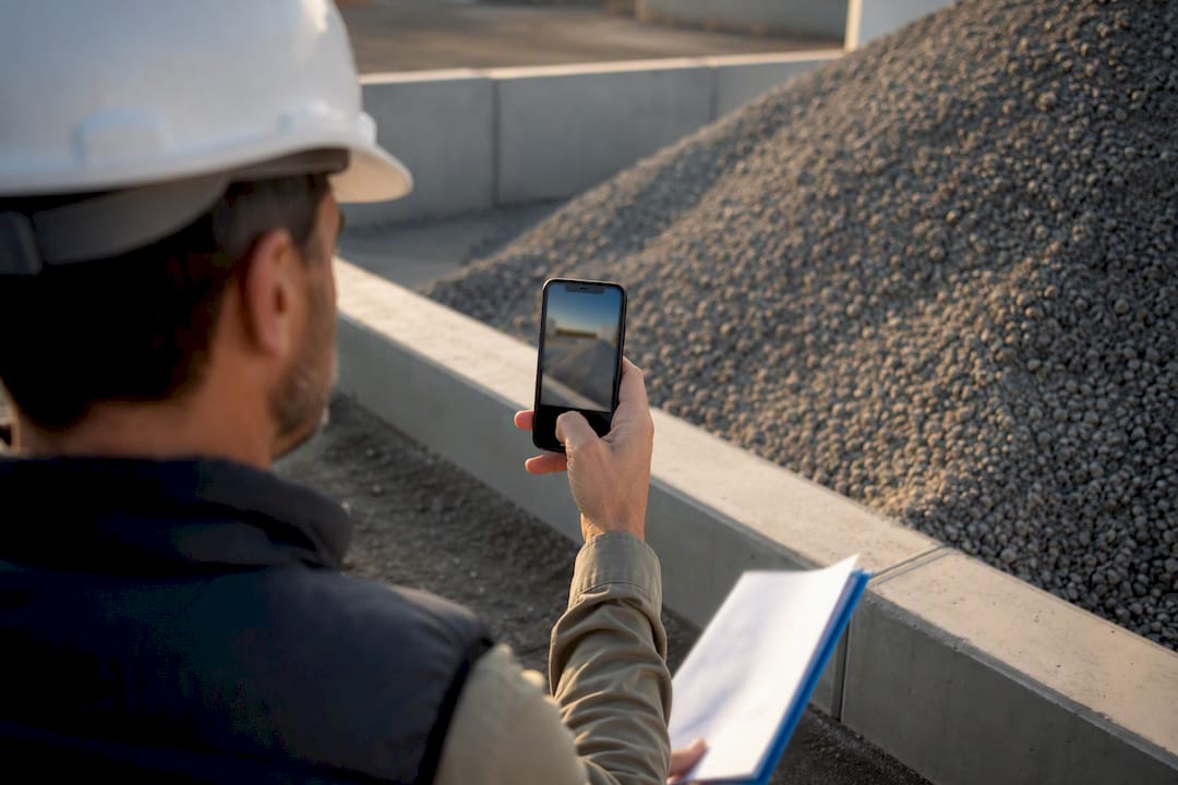 Receiver photographing delivered aggregate pile