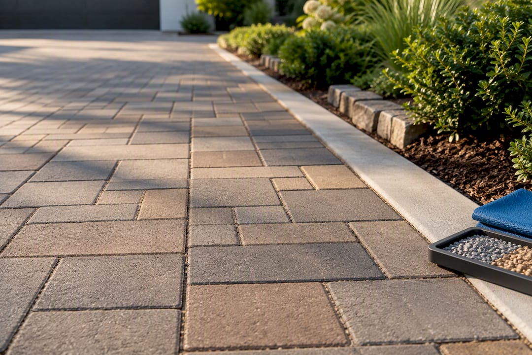 Patterned permeable paver driveway with edge restraint