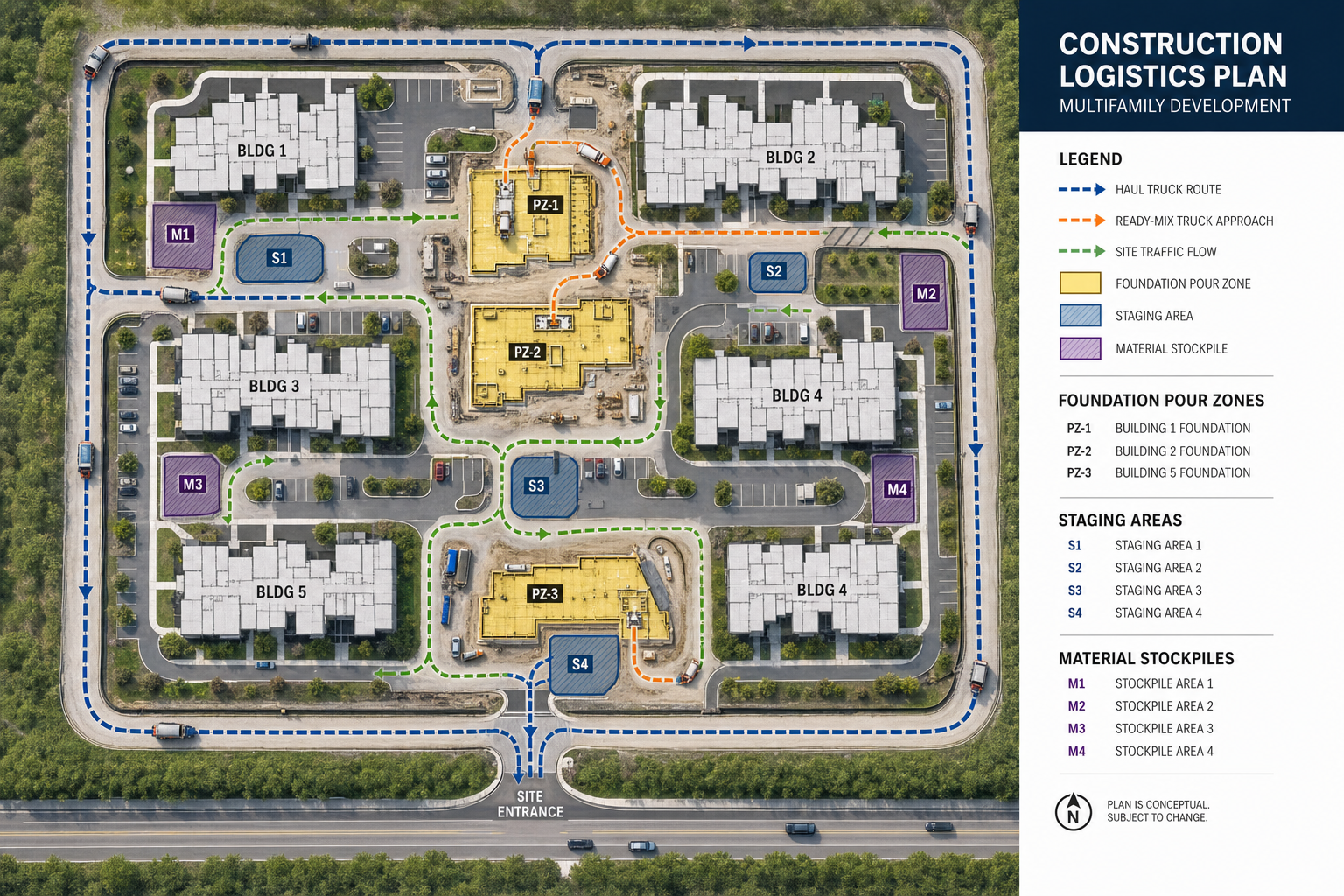 Site plan view of a multifamily apartment development showing haul truck routes, staging areas, ready-mix approach paths, and foundation pour zones with traffic flow arrows and material stockpile locations