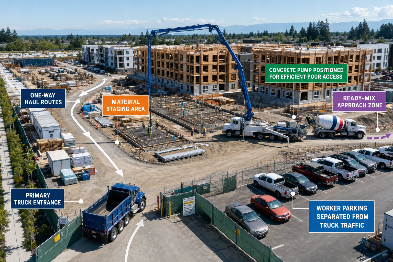 Multifamily construction site layout showing primary truck entrance, one-way haul routes, material staging areas, ready-mix approach zones, and worker parking separated from truck traffic, with concrete pump truck positioned for efficient foundation pour access