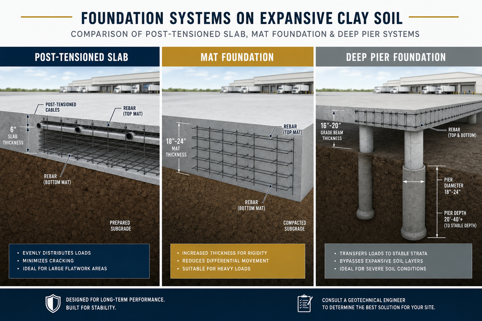 Side-by-side cross-section diagrams showing post-tensioned slab, mat foundation, and deep pier systems on expansive clay soil with dimensional callouts and rebar placement details
