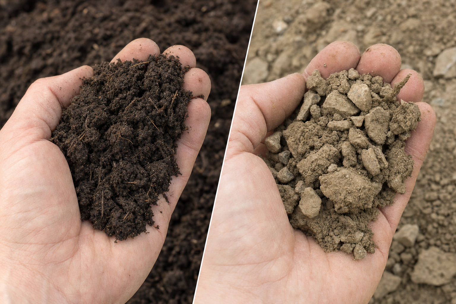 Close-up photos showing texture difference - one hand holding dark, crumbly topsoil with visible organic matter, another holding dense, clay-heavy fill dirt with rocky fragments