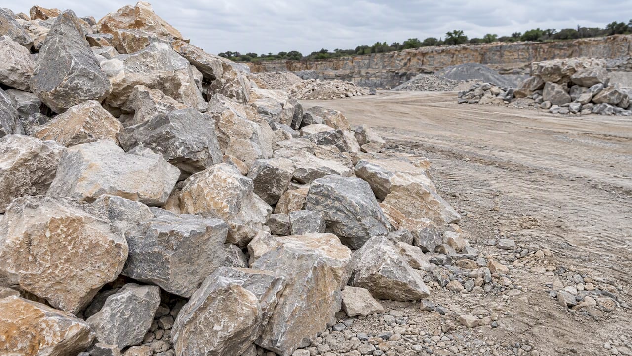 Angular riprap stone pile in quarry yard
