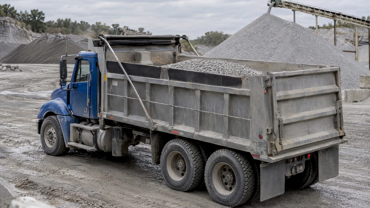 Limestone load sitting below dump truck bed rails