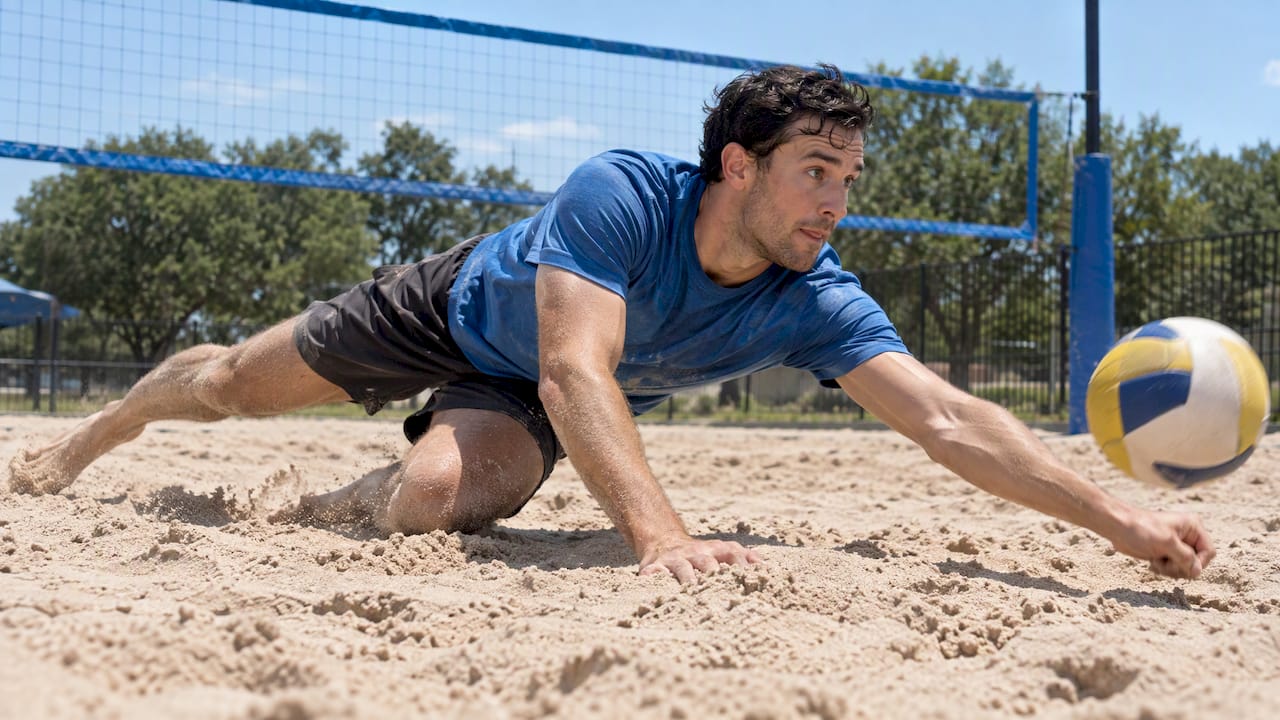 Barefoot player sliding across court sand