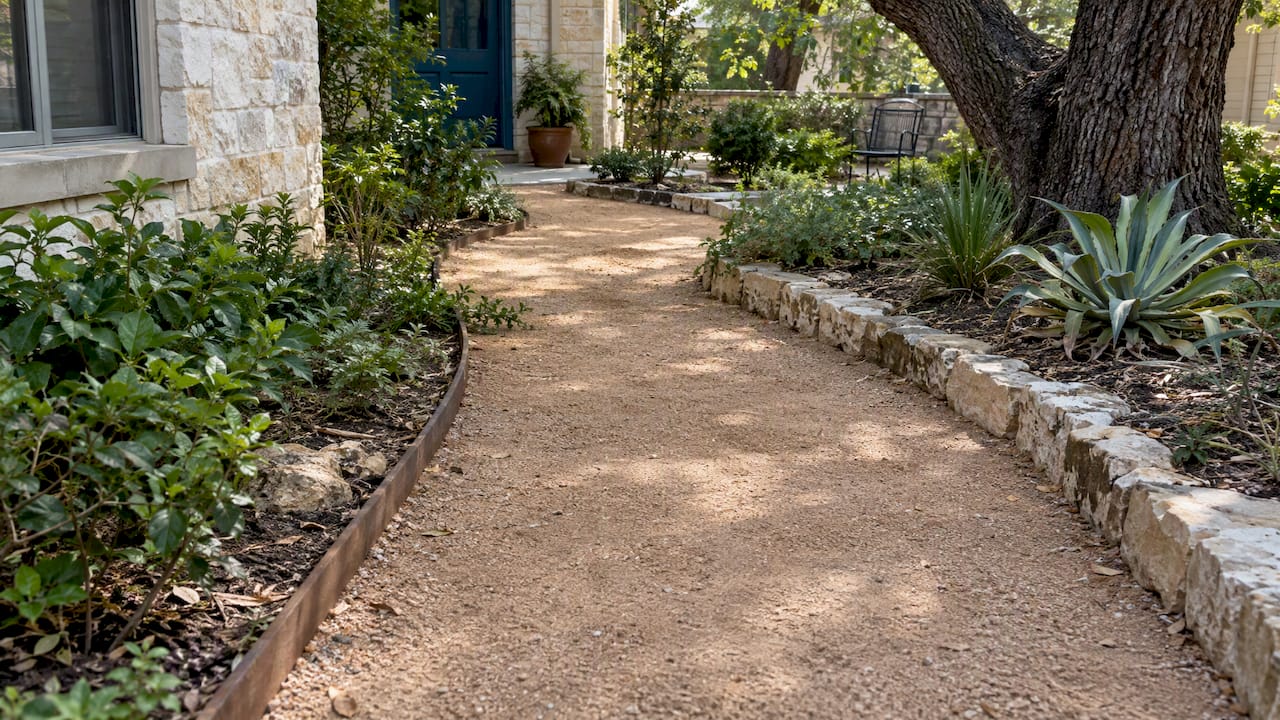 Compacted granite walkway through a garden