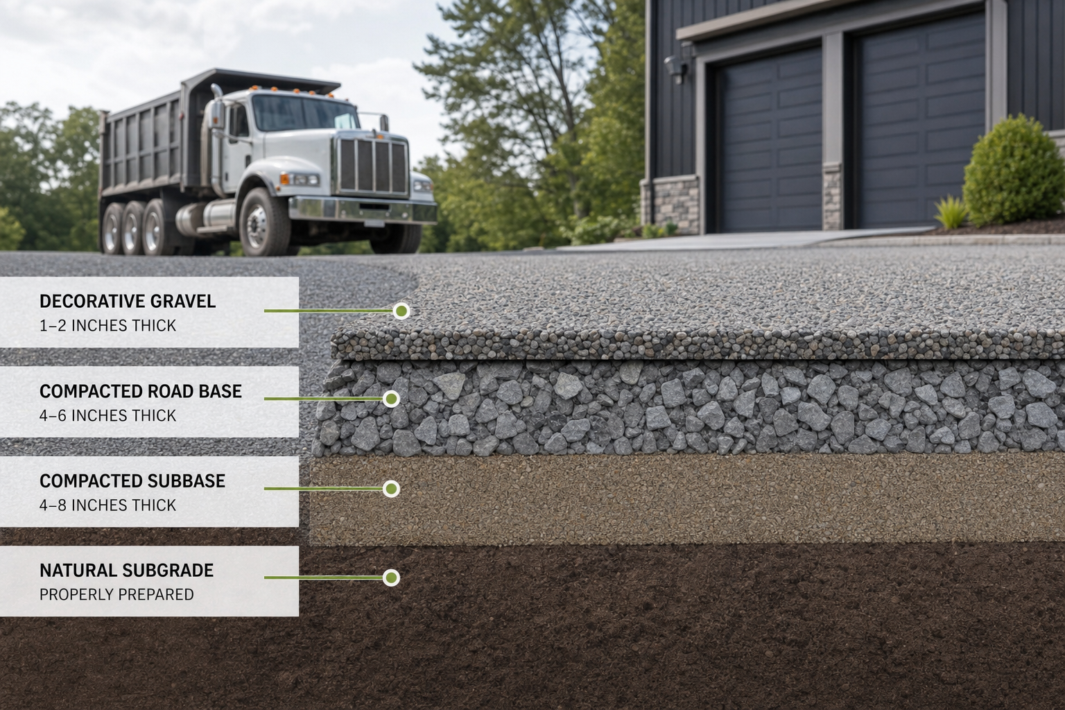 Cross-section diagram showing layered driveway construction with compacted road base foundation and thin decorative gravel surface layer