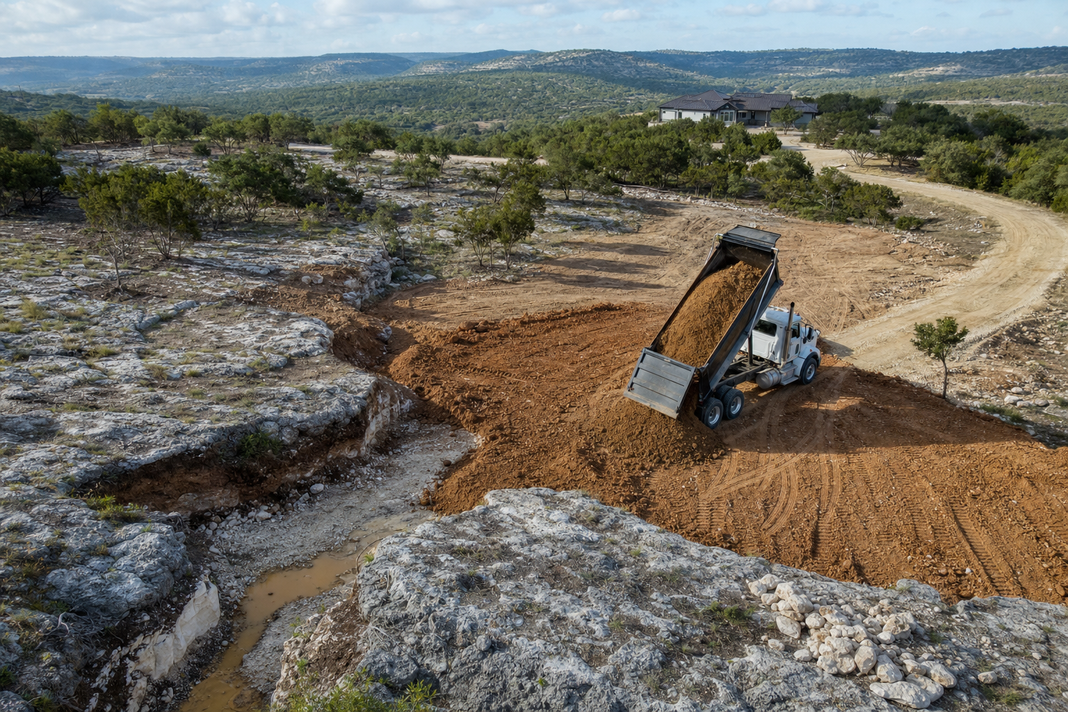 Aerial view of Hill Country property showing terrain challenges with rocky outcroppings, clay soil, and drainage patterns, with dump truck delivering fill dirt for site preparation