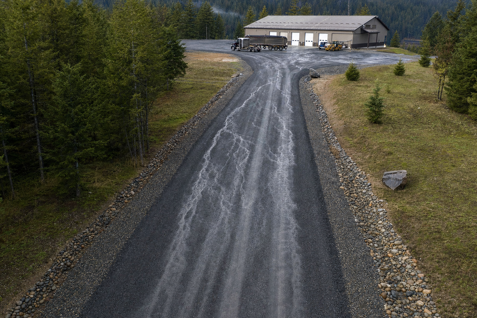 Aerial view of a well-maintained compacted road base driveway after a rain event, showing water runoff channels and no visible erosion or material displacement