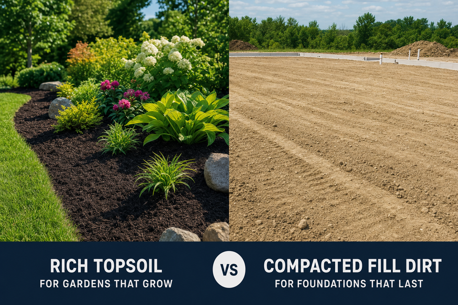 Side-by-side comparison showing a landscaped garden bed with thriving plants in rich topsoil versus a compacted fill dirt foundation pad ready for construction